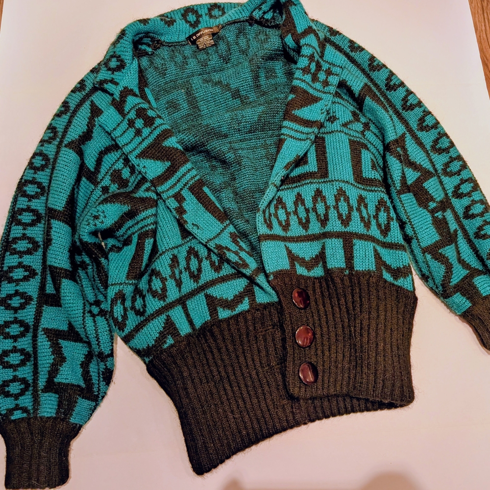 Teal and Black Vintage I.B. Diffusion Patterned Cardigan